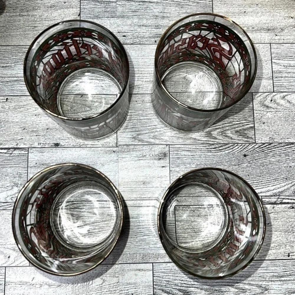Vintage 1970s Set of Four Houze Signed Seasons Greetings Lowball Glasses